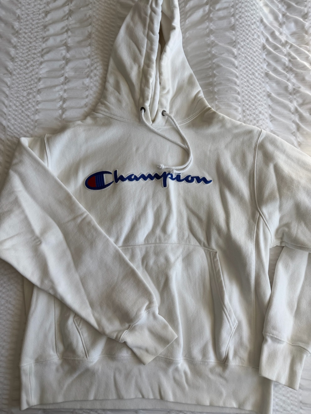 Champion White Hoodie with Blue Script and Red Detail
